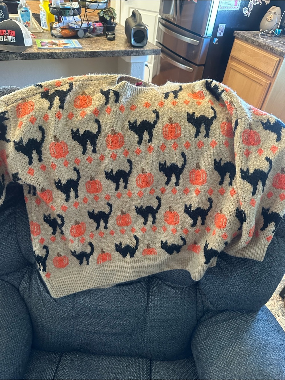 Vince Camuto Beige Knit Sweater with Black Cat & Orange Pumpkin Motif